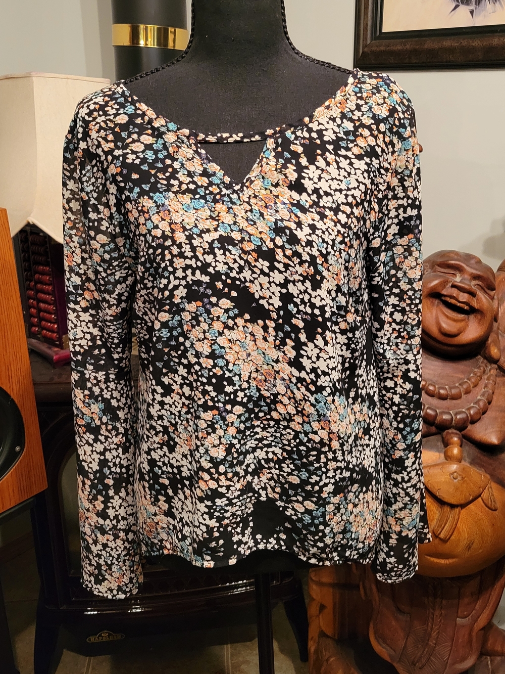 Floral Black Long-Sleeve V-Neck Tee